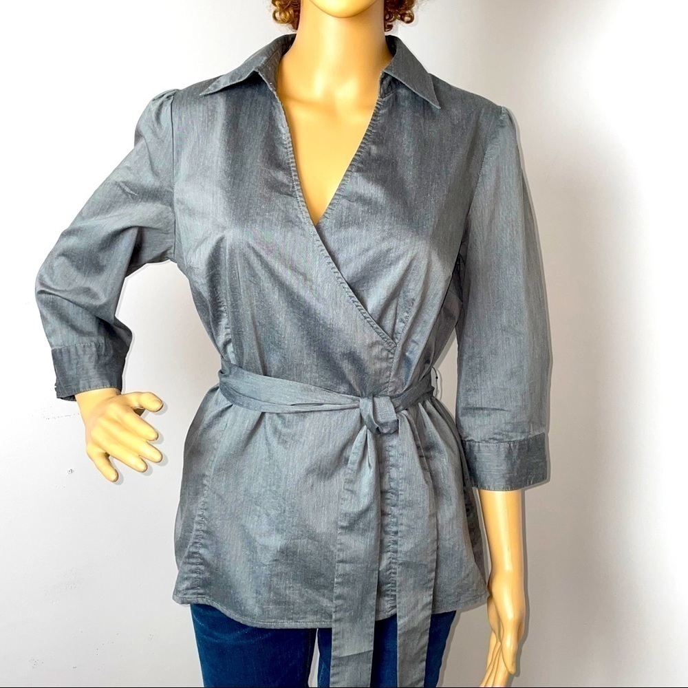 East 5th Collared Wrap Blouse – Gray, Size Medium - Picture 1 of 11